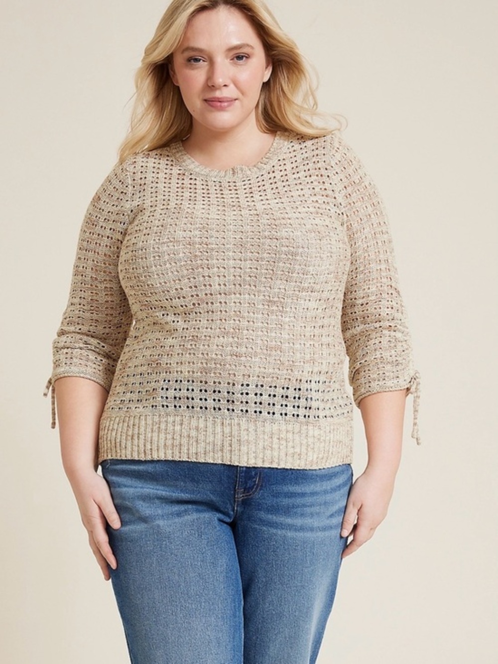 Maurices 1X Marled Pointelle Cinched Sleeve Sweater